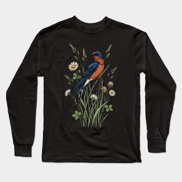 Vintage Barn Swallow Wildflower Art Long Sleeve T-Shirt by BirdsnStuff