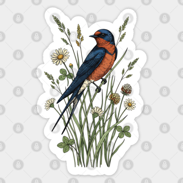 Vintage Barn Swallow Wildflower Art Sticker by BirdsnStuff