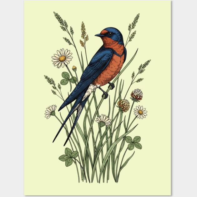 Vintage Barn Swallow Wildflower Art Wall Art by BirdsnStuff