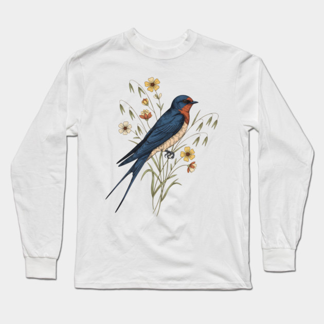Barn Swallow Naturalist Botanical Art Long Sleeve T-Shirt by BirdsnStuff