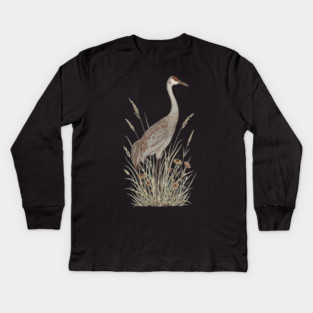 Vintage Sandhill Crane Nature Art Kids Long Sleeve T-Shirt