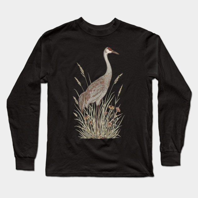 Vintage Sandhill Crane Nature Art Long Sleeve T-Shirt by BirdsnStuff