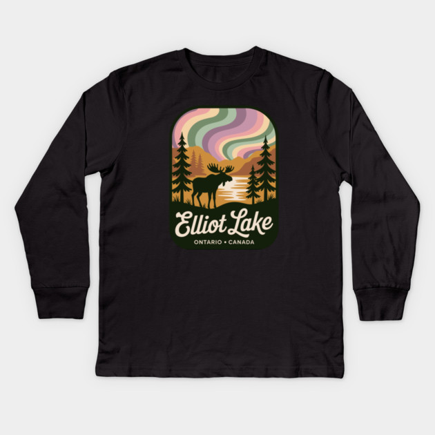 Elliot Lake – Retro Wilderness Moose Illustration Kids Long Sleeve T-Shirt by JessArty