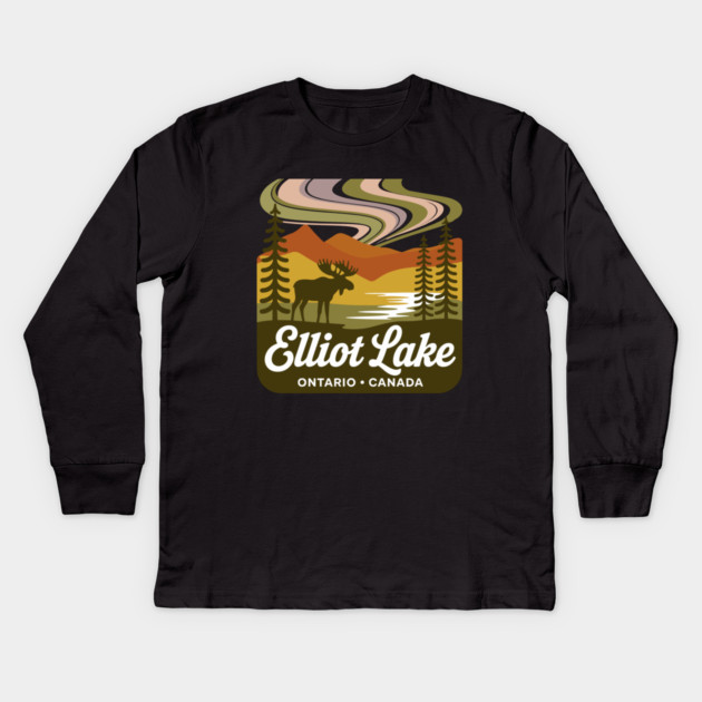 Elliot Lake – Retro Forest Sunset Wilderness Art Kids Long Sleeve T-Shirt by JessArty