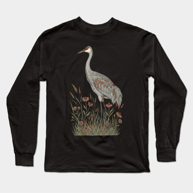 Vintage Sandhill Crane Nature Design Long Sleeve T-Shirt by BirdsnStuff