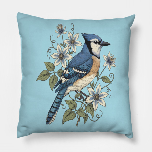 Vintage Blue Jay Floral Design Pillow by BirdsnStuff