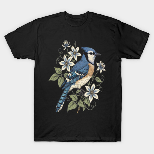 Vintage Blue Jay Floral Design T-Shirt by BirdsnStuff