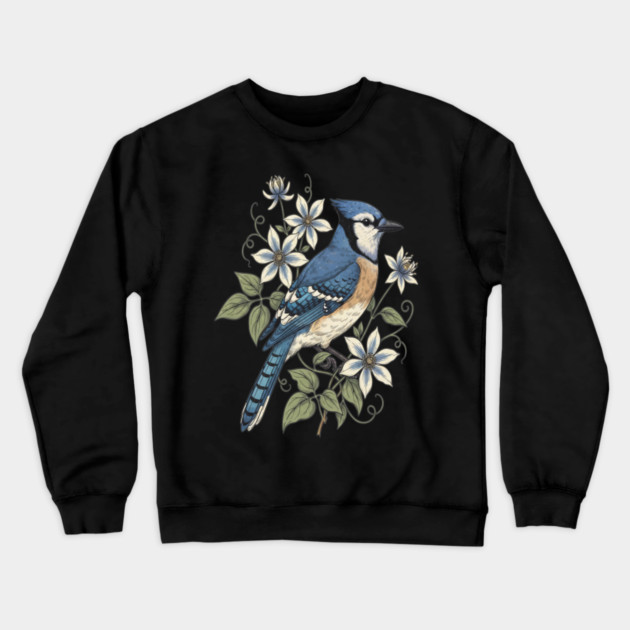 Vintage Blue Jay Floral Design Crewneck Sweatshirt by BirdsnStuff