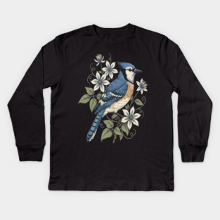Vintage Blue Jay Floral Design Kids Long Sleeve T-Shirt