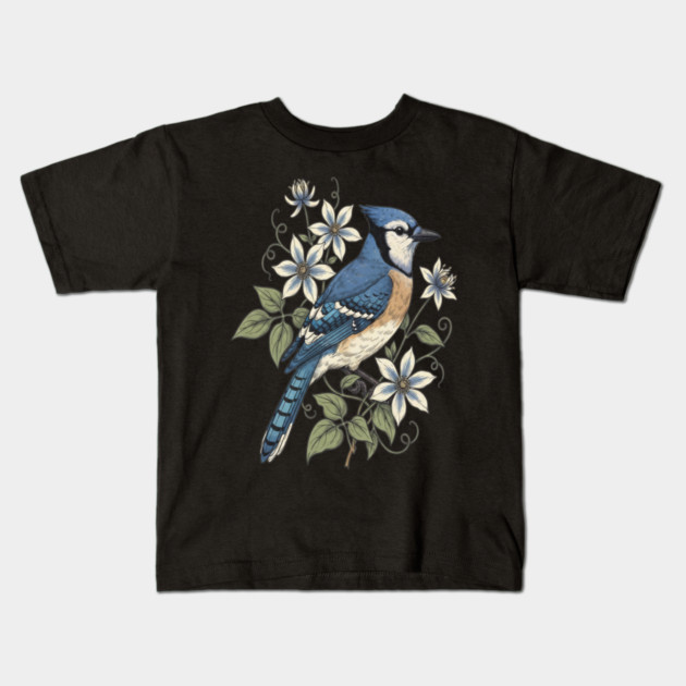 Vintage Blue Jay Floral Design Kids T-Shirt by BirdsnStuff