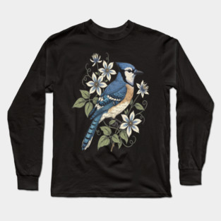 Vintage Blue Jay Floral Design Long Sleeve T-Shirt