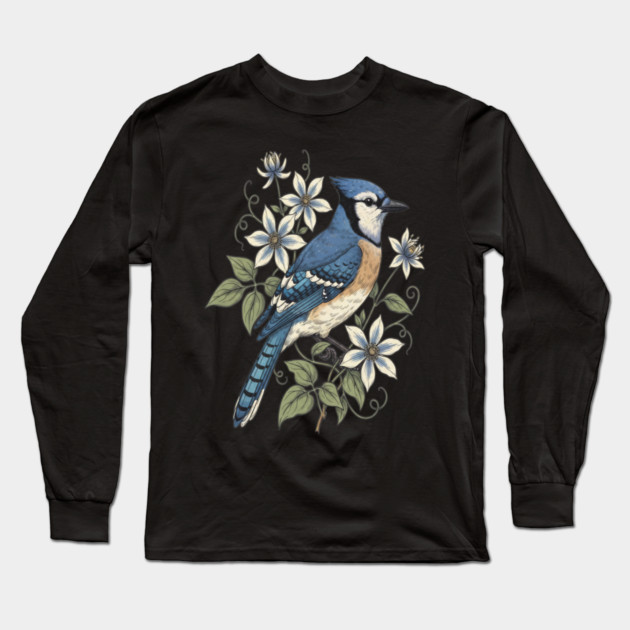 Vintage Blue Jay Floral Design Long Sleeve T-Shirt by BirdsnStuff