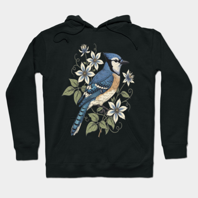 Vintage Blue Jay Floral Design Hoodie by BirdsnStuff