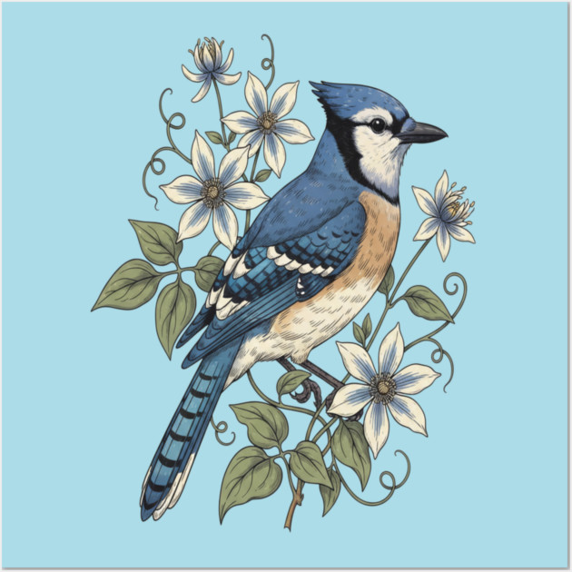 Vintage Blue Jay Floral Design Wall Art by BirdsnStuff
