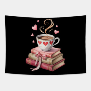 Coquette Valentine Bookish Bookworm Coffee Reading Book Lover Valentine Tapestry