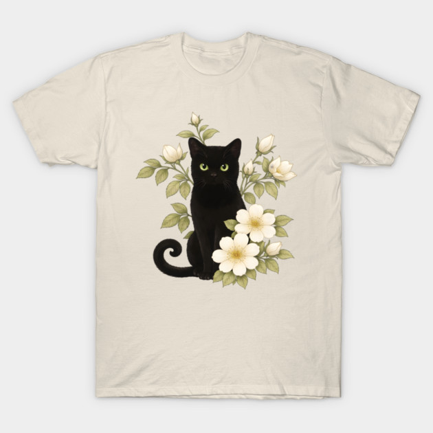 Floral Black Cat T-Shirt by Champanie's Store