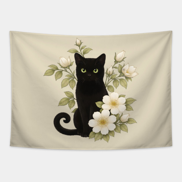 Floral Black Cat Tapestry by Champanie's Store