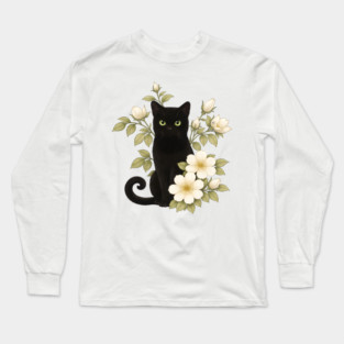 Floral Black Cat Long Sleeve T-Shirt