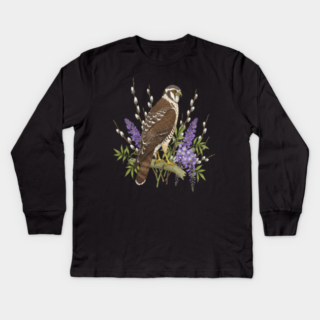 Northern Harrier Botanical Bird Kids Long Sleeve T-Shirt by BirdsnStuff
