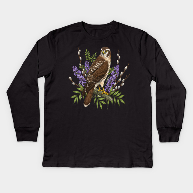 Northern Harrier Floral Perch Kids Long Sleeve T-Shirt by BirdsnStuff