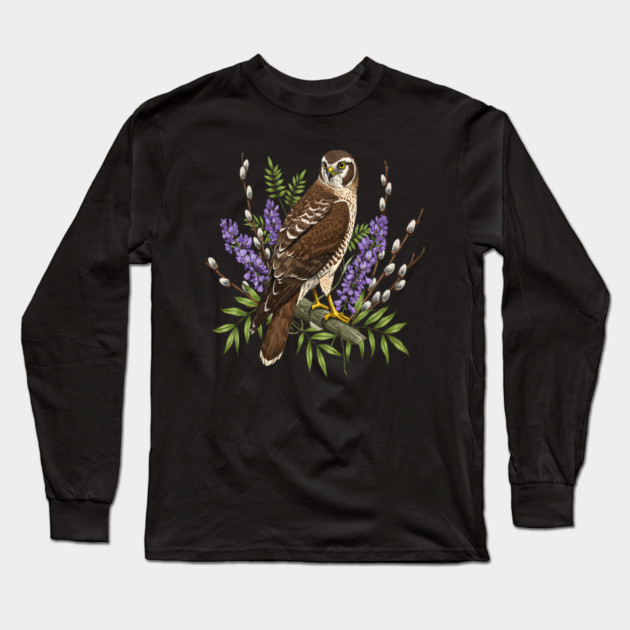 Northern Harrier Floral Perch Long Sleeve T-Shirt by BirdsnStuff