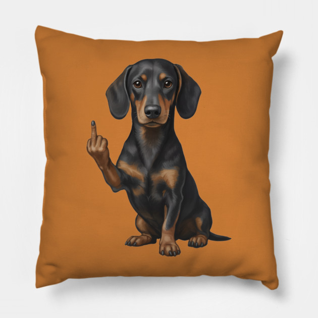 Dachshund Flipping The Bird Pillow by The WYLD Tribe