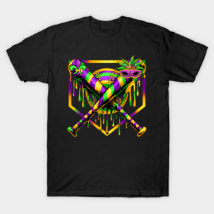 Mardi Gras Baseball Bats Carnival Mask Dripping Paint T-Shirt