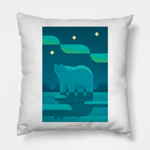 Retro Alaska Travel Poster Wall Art Print, Arctic Night Sky Polar Bear Artwork for Living Room, Northern Wilderness Decor Gift Pillow by Yesteeyear