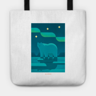 Retro Alaska Travel Poster Wall Art Print, Arctic Night Sky Polar Bear Artwork for Living Room, Northern Wilderness Decor Gift Tote