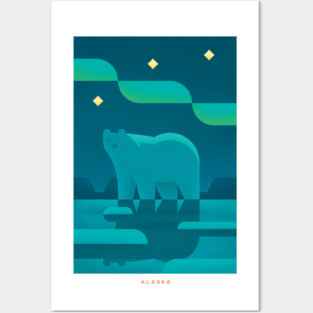 Retro Alaska Travel Poster Wall Art Print, Arctic Night Sky Polar Bear Artwork for Living Room, Northern Wilderness Decor Gift Posters and Art