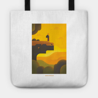 Retro Arkansas Travel Poster Wall Art Print, Pinnacle Mountain Sunset Hiker Artwork for Living Room, Outdoor State Decor Gift Tote