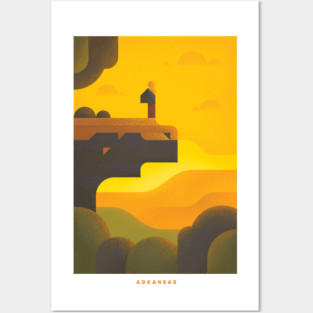 Retro Arkansas Travel Poster Wall Art Print, Pinnacle Mountain Sunset Hiker Artwork for Living Room, Outdoor State Decor Gift Posters and Art