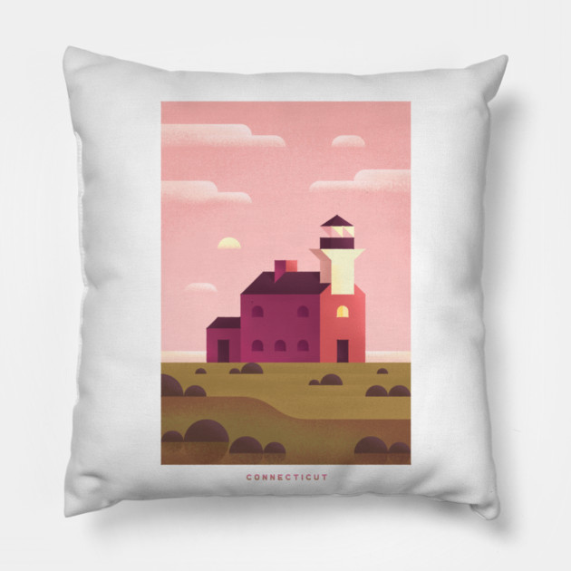 Retro Connecticut Travel Poster Wall Art Print, Sunrise Lighthouse Coastal Artwork for Living Room, New England State Decor Gift Pillow by Yesteeyear