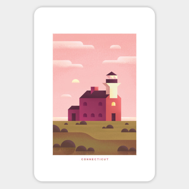 Retro Connecticut Travel Poster Wall Art Print, Sunrise Lighthouse Coastal Artwork for Living Room, New England State Decor Gift Magnet by Yesteeyear