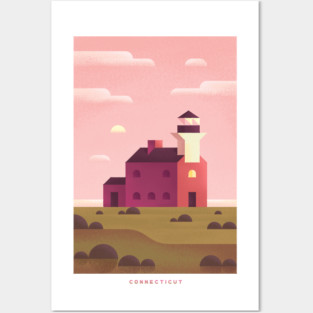 Retro Connecticut Travel Poster Wall Art Print, Sunrise Lighthouse Coastal Artwork for Living Room, New England State Decor Gift Posters and Art