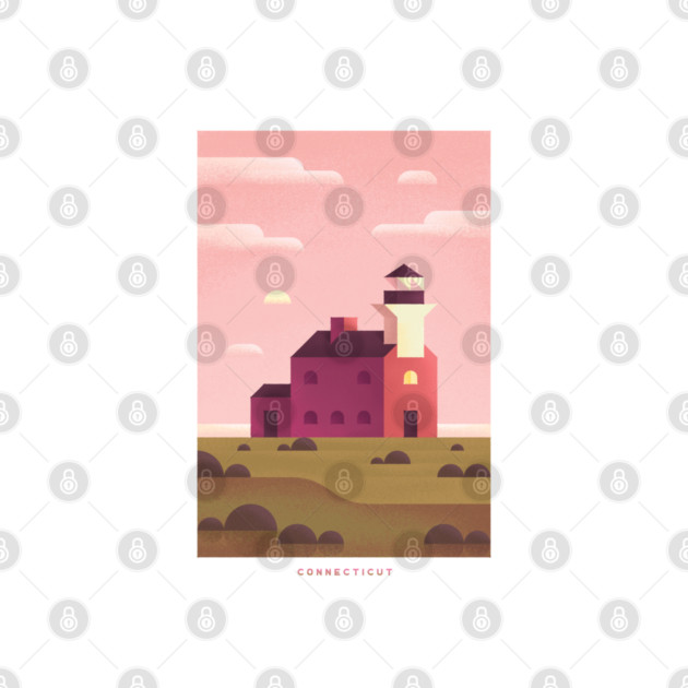 Retro Connecticut Travel Poster Wall Art Print, Sunrise Lighthouse Coastal Artwork for Living Room, New England State Decor Gift by Yesteeyear