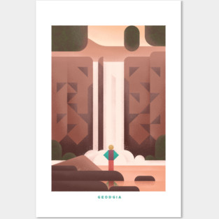 Retro Georgia Travel Poster Wall Art Print, Amicalola Falls Autumn Landscape Artwork for Living Room, Southern State Decor Gift Posters and Art