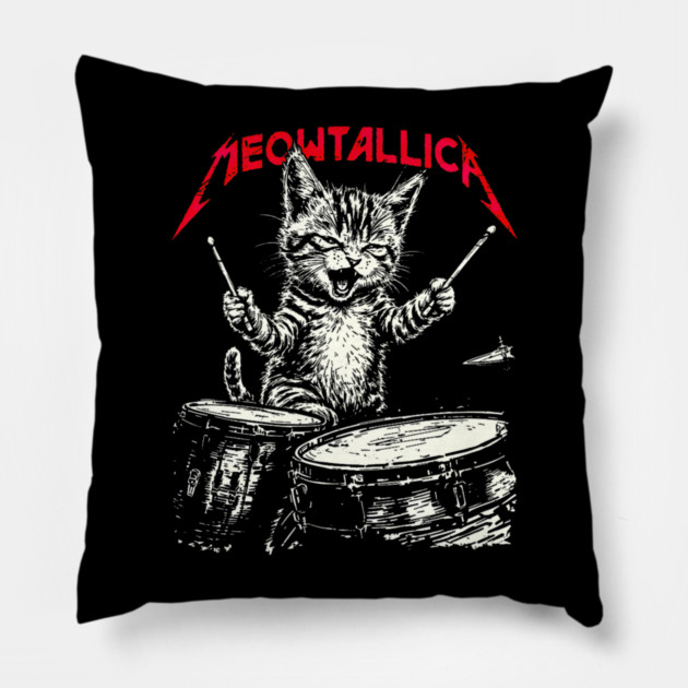 Rock On Vintage Drummer Cat 80s Band Style Pillow by yangho