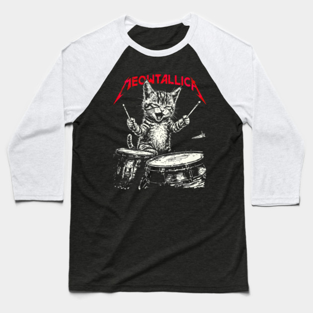Rock On Vintage Drummer Cat 80s Band Style Baseball T-Shirt by yangho