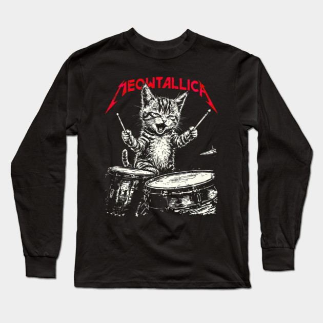 Rock On Vintage Drummer Cat 80s Band Style Long Sleeve T-Shirt by yangho