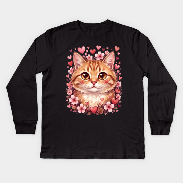 Valentine Cat Kids Long Sleeve T-Shirt by Creatifly Graphic Tees