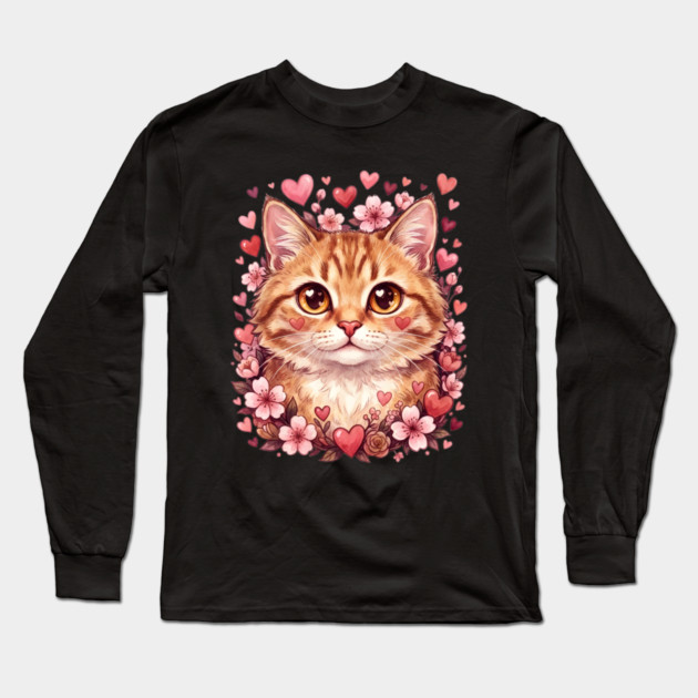 Valentine Cat Long Sleeve T-Shirt by Creatifly Graphic Tees
