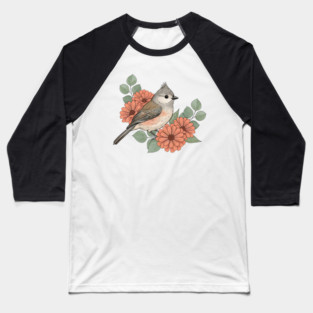 Tufted Titmouse with Coral Blooms Baseball T-Shirt