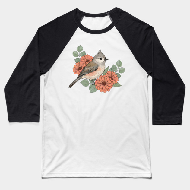 Tufted Titmouse with Coral Blooms Baseball T-Shirt by BirdsnStuff