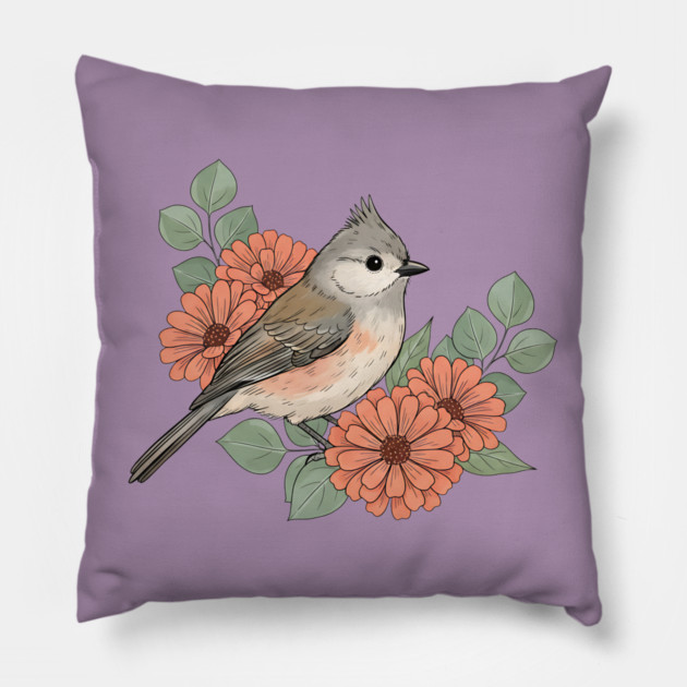 Tufted Titmouse with Coral Blooms Pillow by BirdsnStuff