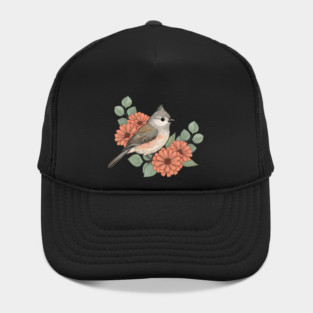 Tufted Titmouse with Coral Blooms Hat