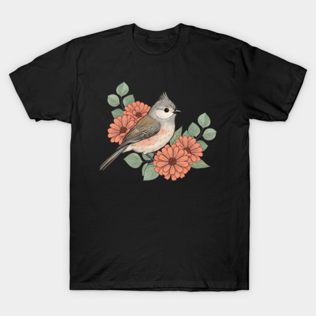 Tufted Titmouse with Coral Blooms T-Shirt by BirdsnStuff