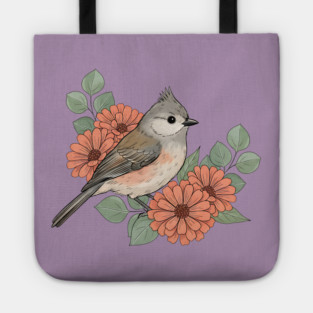 Tufted Titmouse with Coral Blooms Tote