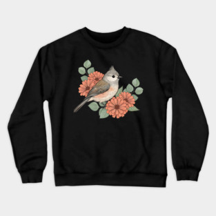Tufted Titmouse with Coral Blooms Crewneck Sweatshirt