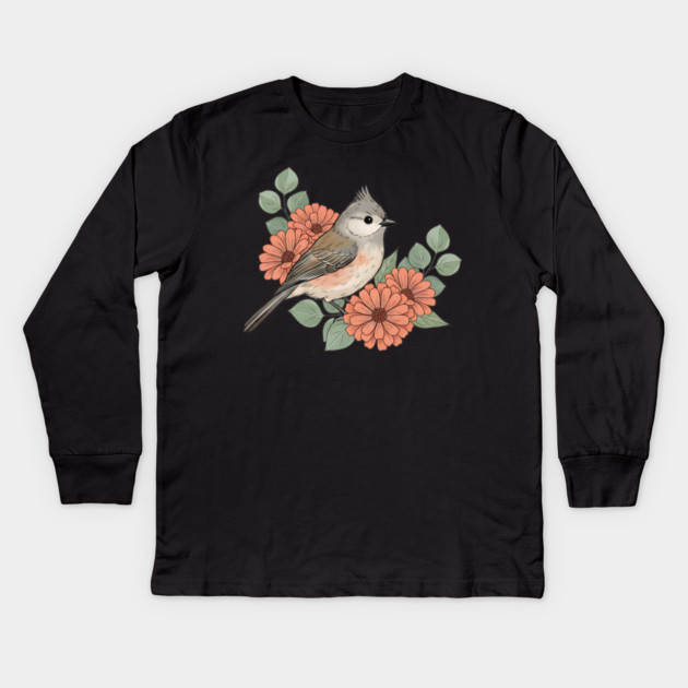 Tufted Titmouse with Coral Blooms Kids Long Sleeve T-Shirt by BirdsnStuff